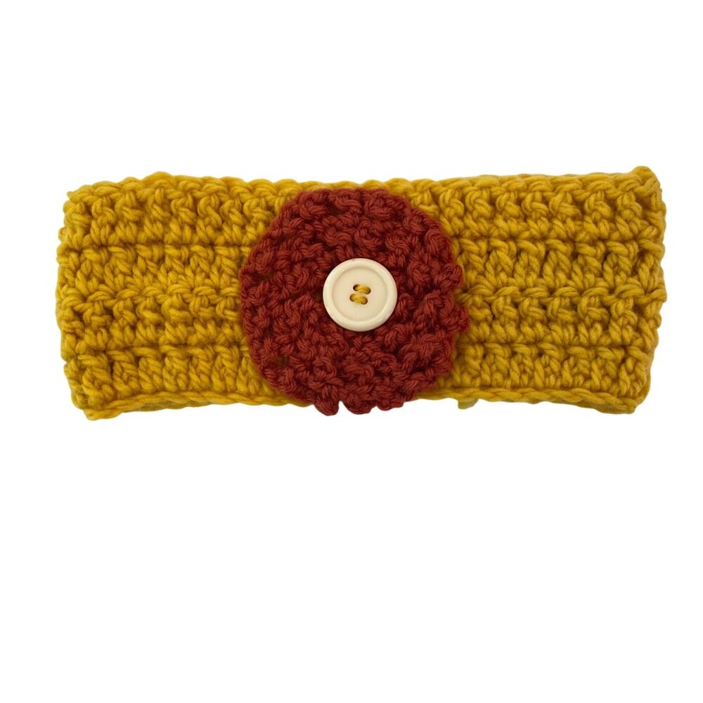 Handcrafted Yellow Crochet Headband With Red Flower & Button Accent